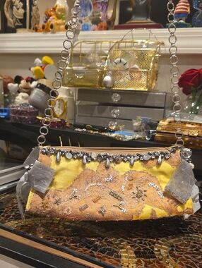 Mary Frances Yellow and Peach Embellished Evening Clutch with Chain
